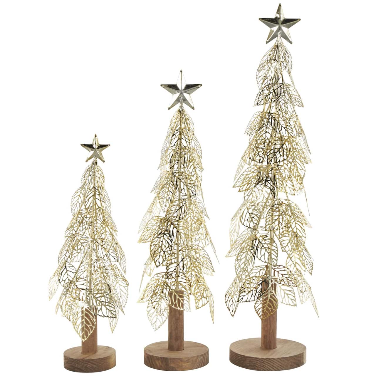 Gold Metal Layered Cutout Leaf Christmas Tree Sculpture Set